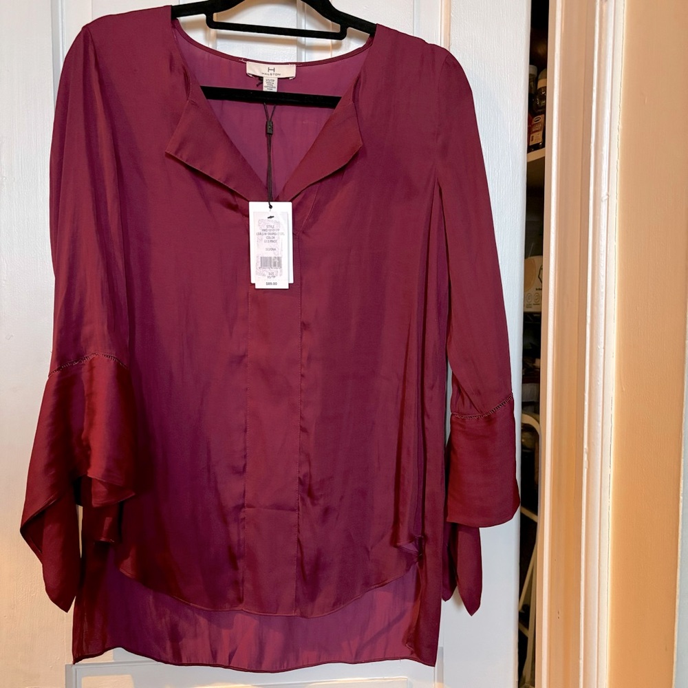 NWT Halston Long Sleeve Silky Blouse w Cuff Detail V Neck Sedona Pinot XS